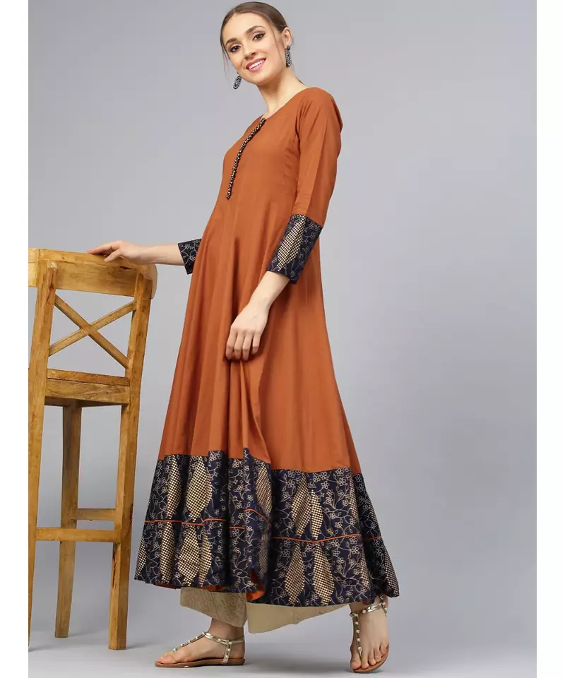Rust Anarkali Kurta With Printed Border