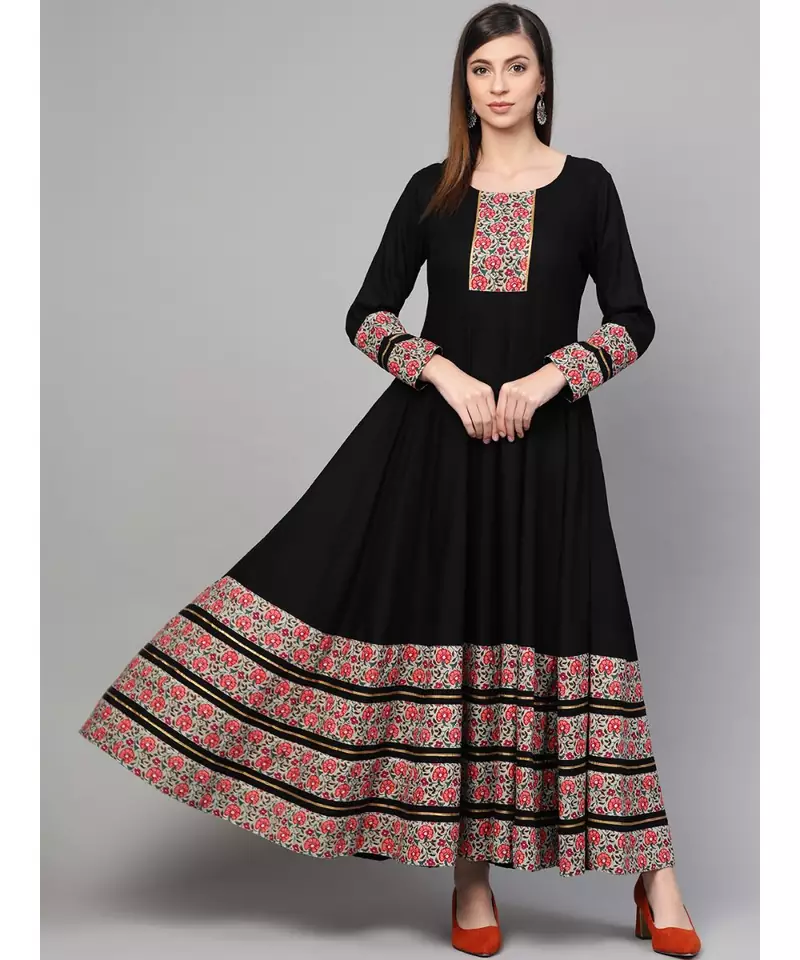 Black Anarkali Dress With Printed Borders