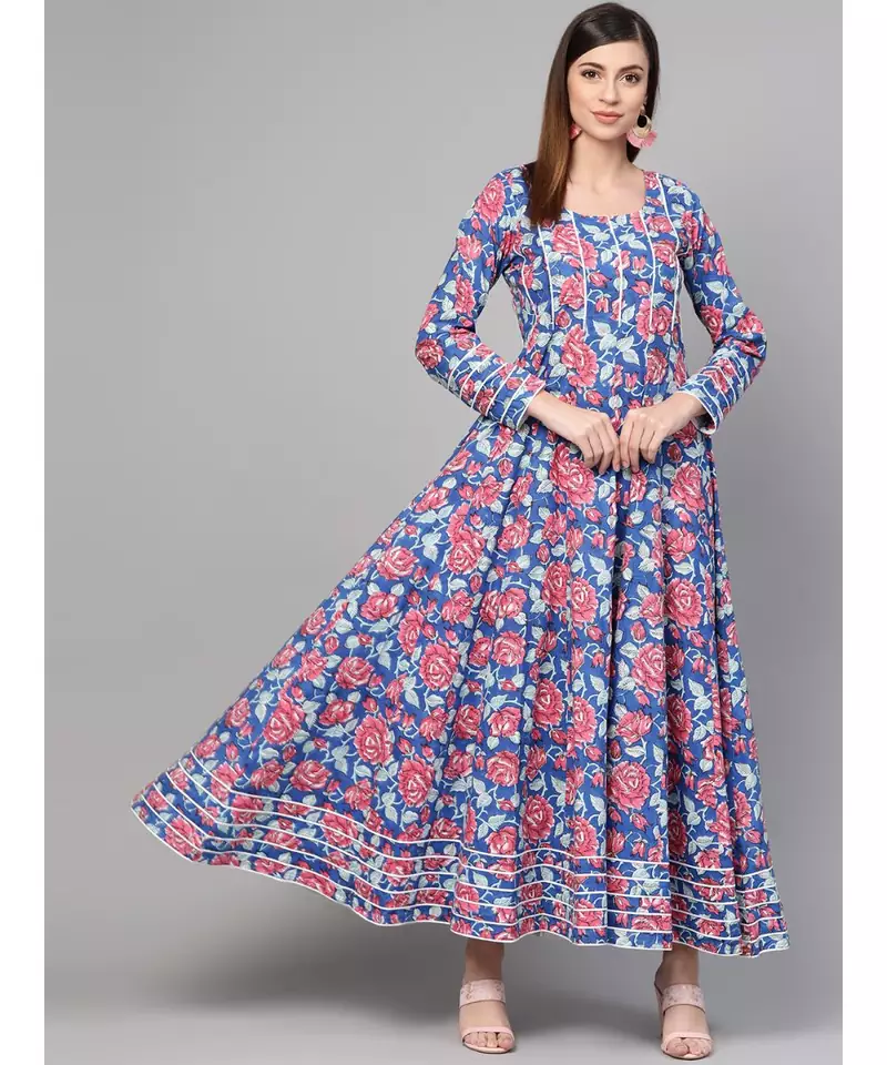 Royal Blue Hand Block Floral Print Anarkali Dress