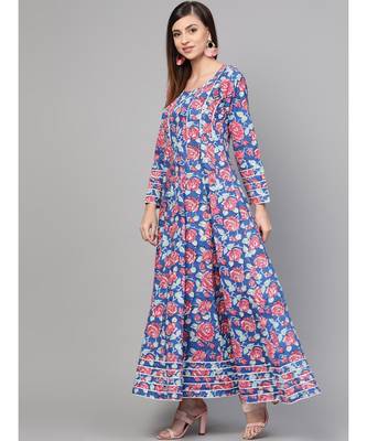 Royal Blue Hand Block Floral Print Anarkali Dress 3