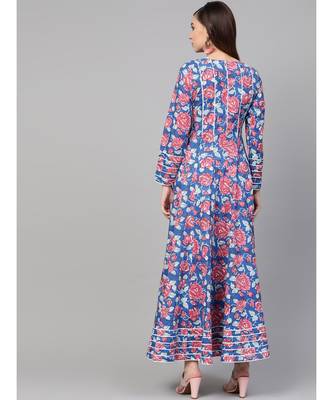 Royal Blue Hand Block Floral Print Anarkali Dress 4