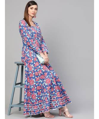 Royal Blue Hand Block Floral Print Anarkali Dress 5