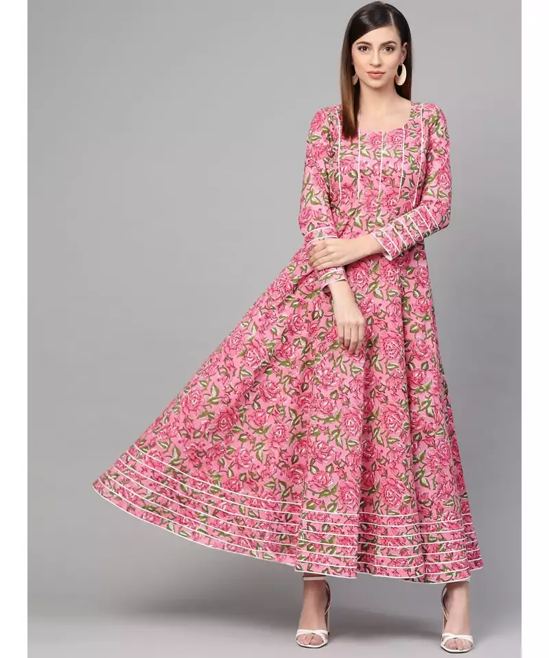 Pink Hand Block Floral Print Dress