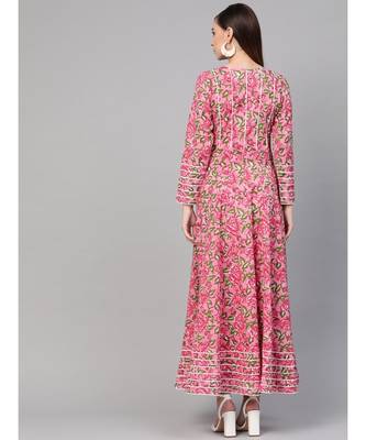 Pink Hand Block Floral Print Dress 4