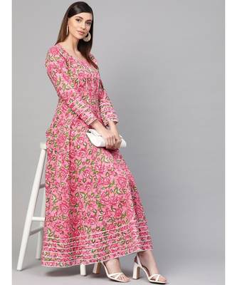 Pink Hand Block Floral Print Dress 5
