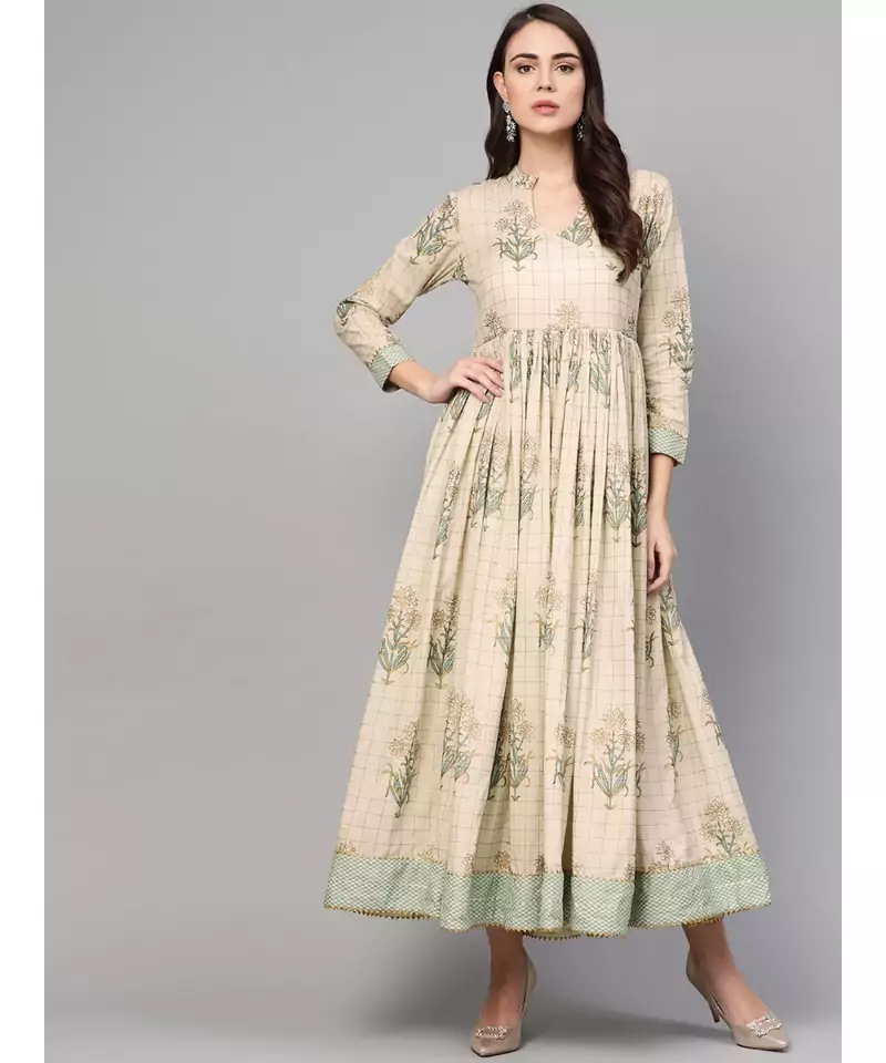 Cream Gold Boota Print Anarkali Dress