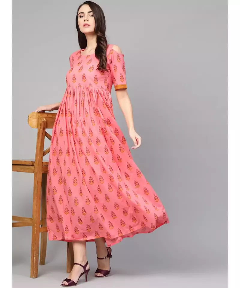 Coral Printed Cold Shoulder Dress