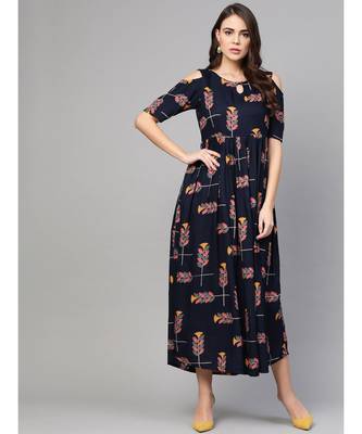 Navy Blue Printed Cold Shoulder Dress 1