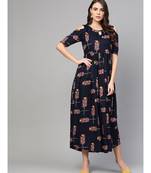 Navy Blue Printed Cold Shoulder Dress