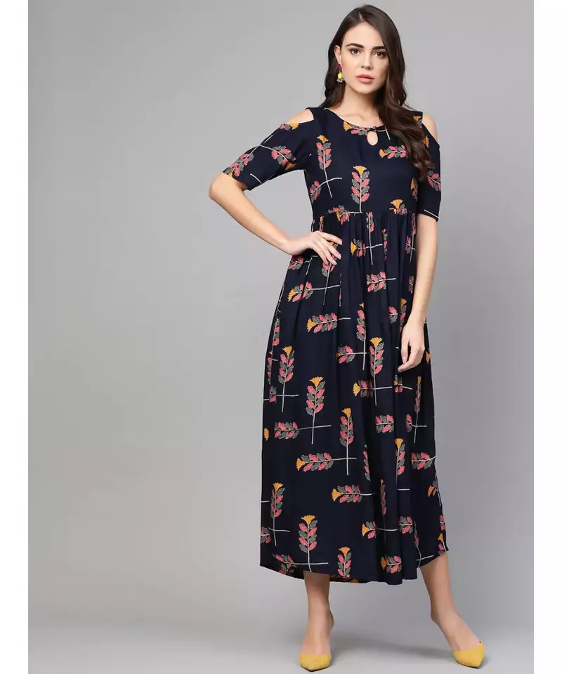 Navy Blue Printed Cold Shoulder Dress