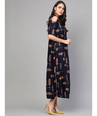Navy Blue Printed Cold Shoulder Dress 3