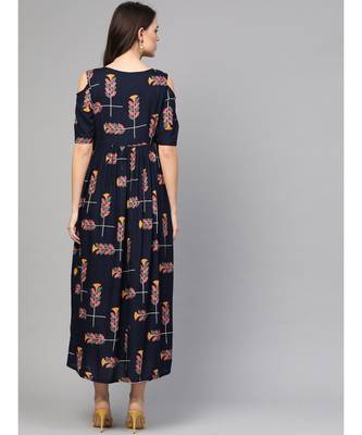 Navy Blue Printed Cold Shoulder Dress 4