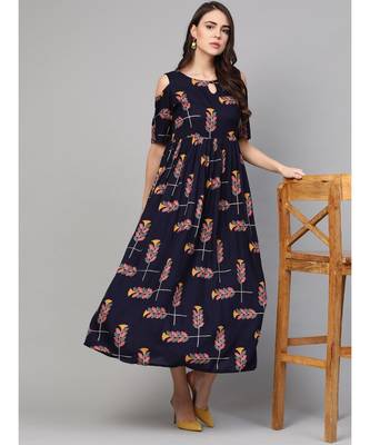 Navy Blue Printed Cold Shoulder Dress 5