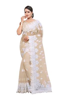 Beige Embroidered Net Saree With Blouse 1