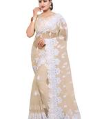 Beige Embroidered Net Saree With Blouse