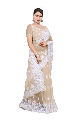 Beige Embroidered Net Saree With Blouse 2