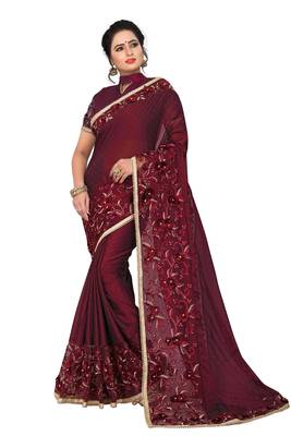 Maroon Embroidered Silk Saree With Blouse 1