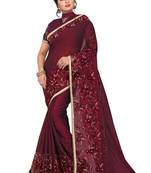 Maroon Embroidered Silk Saree With Blouse