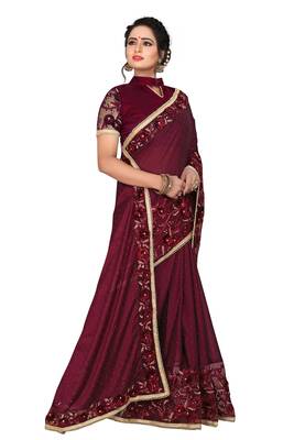 Maroon Embroidered Silk Saree With Blouse 2
