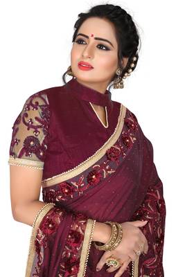 Maroon Embroidered Silk Saree With Blouse 3