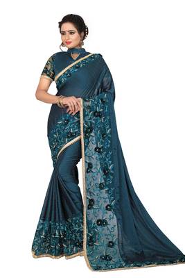 Teal Embroidered Silk Saree With Blouse 1