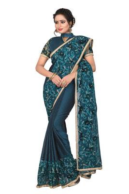 Teal Embroidered Silk Saree With Blouse 2