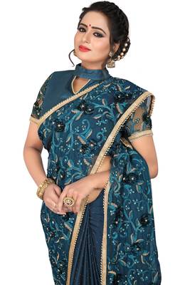 Teal Embroidered Silk Saree With Blouse 3