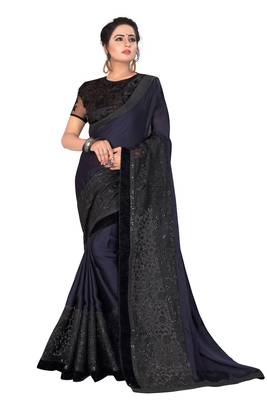 Navy Blue Embroidered Silk Saree With Blouse 1