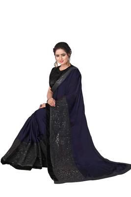 Navy Blue Embroidered Silk Saree With Blouse 2