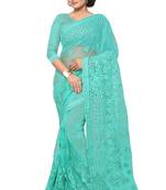 Green Embroidered Net Saree With Blouse