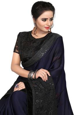 Navy Blue Embroidered Silk Saree With Blouse 3