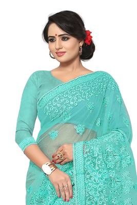 Green Embroidered Net Saree With Blouse 3