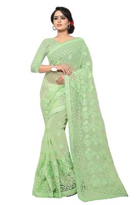 Green Embroidered Net Saree With Blouse 1