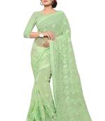 Green Embroidered Net Saree With Blouse