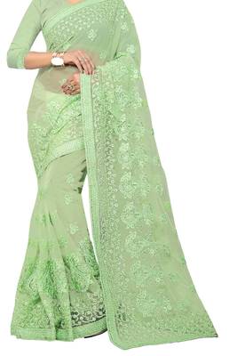 Green Embroidered Net Saree With Blouse 2