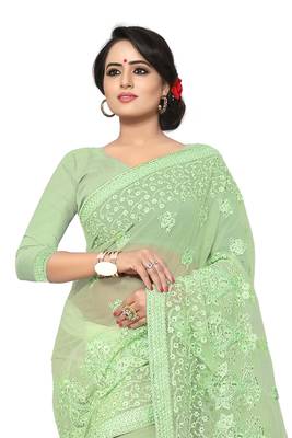 Green Embroidered Net Saree With Blouse 3