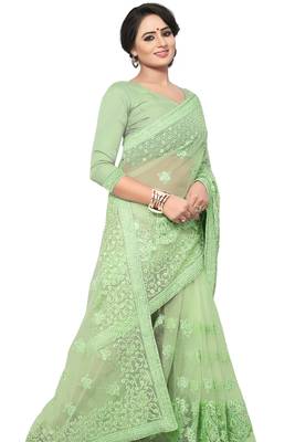 Green Embroidered Net Saree With Blouse 4
