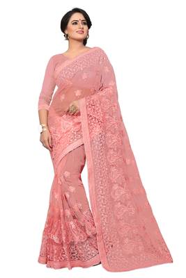 Peach Embroidered Net Saree With Blouse 1