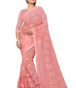 Peach Embroidered Net Saree With Blouse