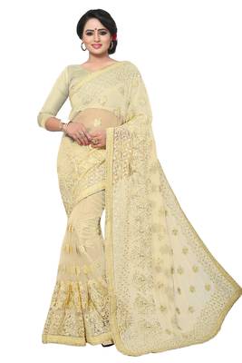 Beige Embroidered Net Saree With Blouse 1