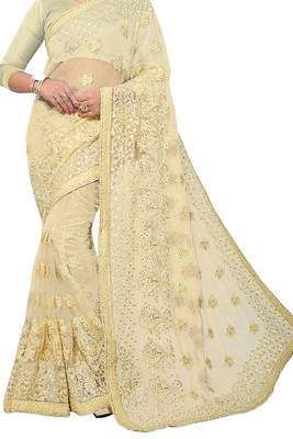 Beige Embroidered Net Saree With Blouse 2