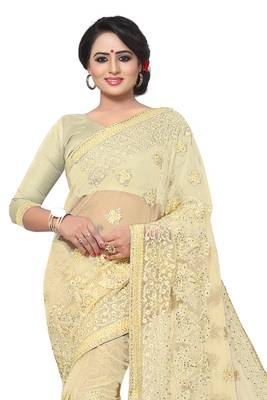 Beige Embroidered Net Saree With Blouse 3