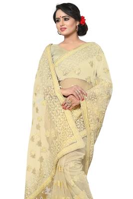 Beige Embroidered Net Saree With Blouse 4