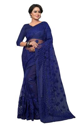 Blue Embroidered Net Saree With Blouse 1
