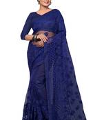 Blue Embroidered Net Saree With Blouse