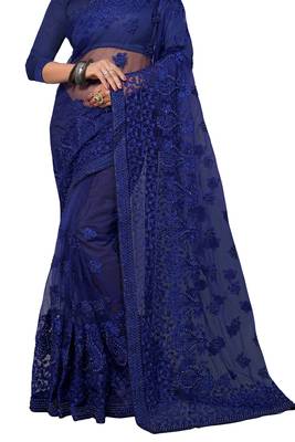 Blue Embroidered Net Saree With Blouse 2