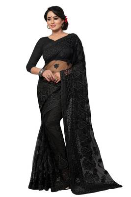 Black Embroidered Net Saree With Blouse 1