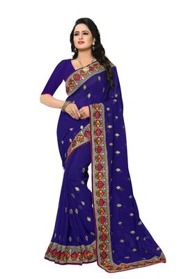 Navy Blue Embroidered Georgette Saree With Blouse 1