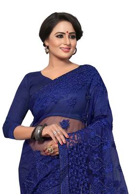 Blue Embroidered Net Saree With Blouse 3