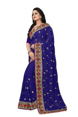 Navy Blue Embroidered Georgette Saree With Blouse 2